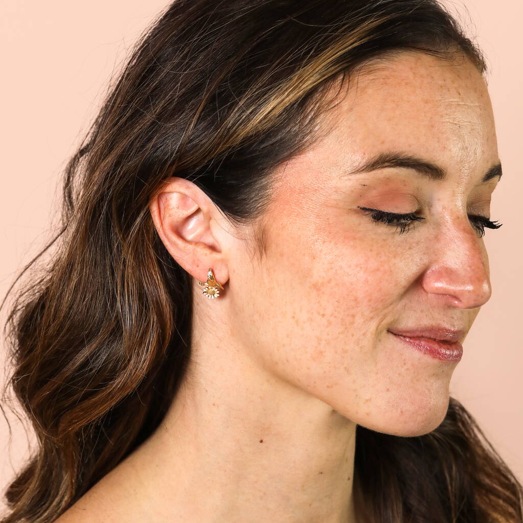 Hummingbird Flower Stud Earrings In Gold Plating, 1 of 5