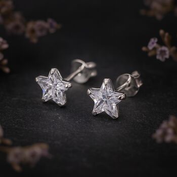 Sterling Silver Small Cubic Zirconia Star Stud Earrings, 4 of 7