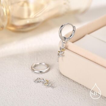 Sterling Silver Olive Branch Huggie Hoop Earrings, 5 of 12