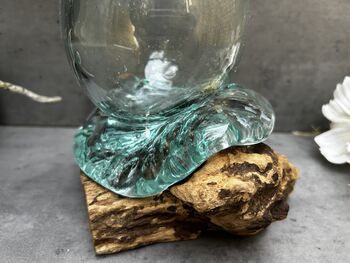 16cm Molten Glass Bowl On Teak Root Fruit And Nut Dish Wooden, 8 of 10