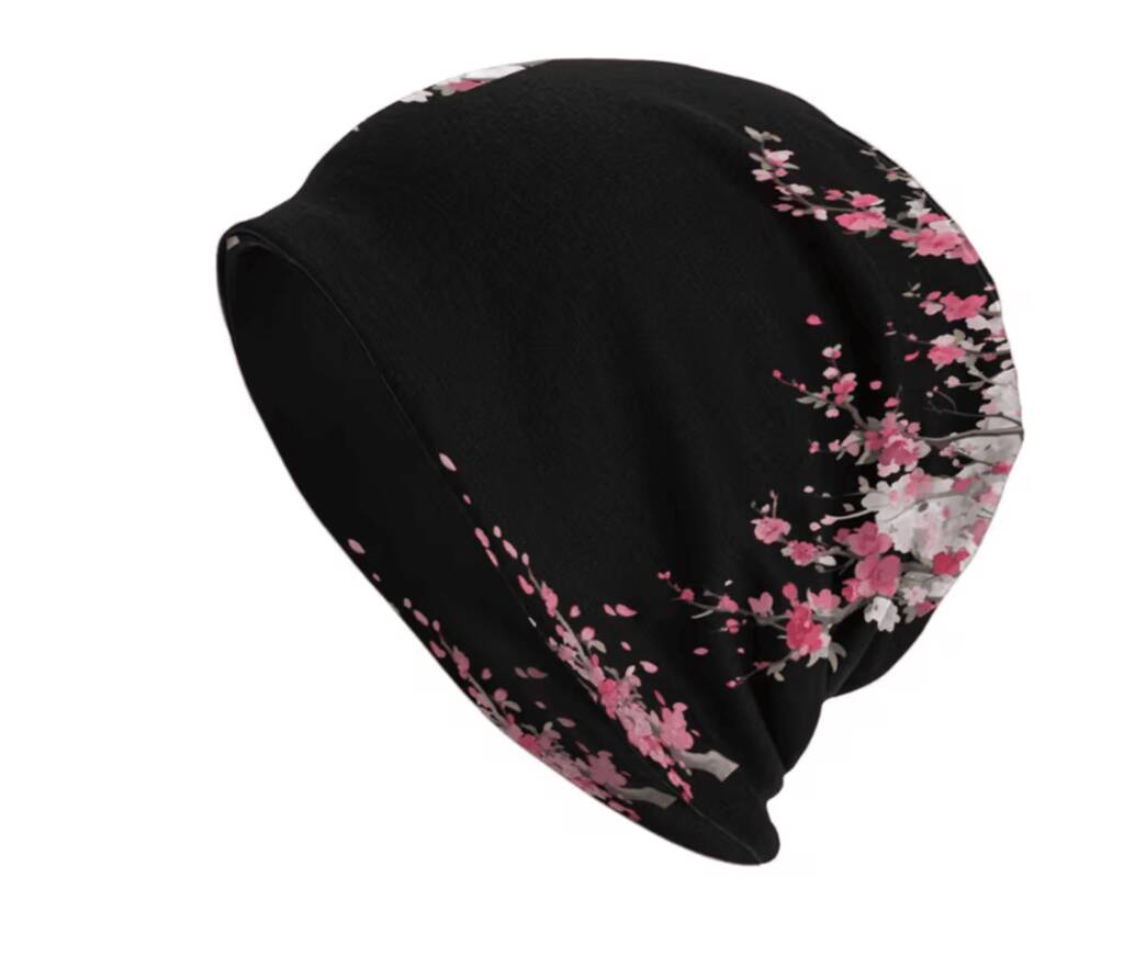 Chemo Headwear Beanie Hat Bandana Pink Flowers On Black Super Soft, 1 of 5