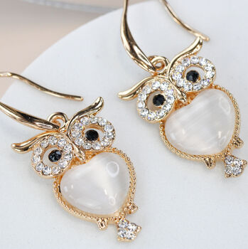 Zircon Moonstone Owl Earrings Gold/Silver Plated, 8 of 8