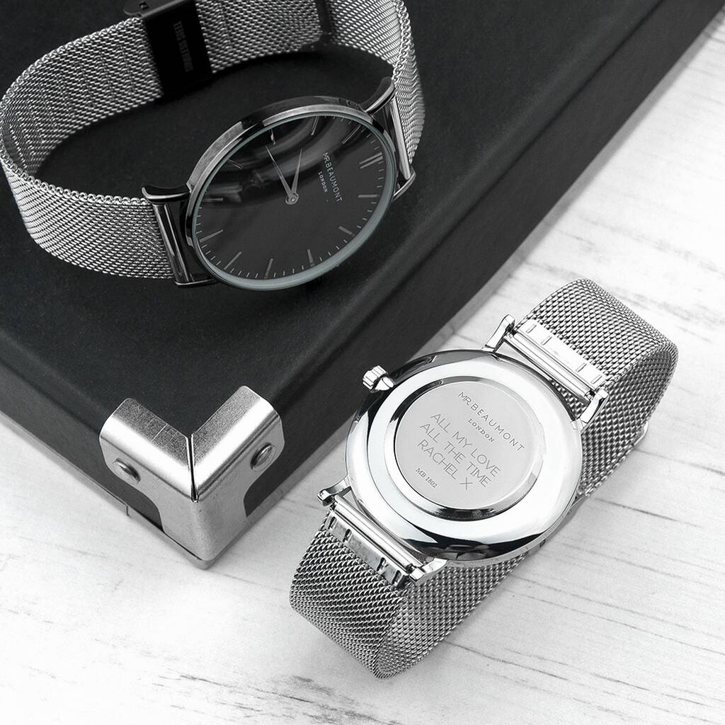 Personalised Men's Metallic Silver Watch/Black Face, 1 of 3