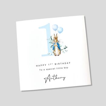 1st Birthday Card Personalised Boy Blue Rabbit, 4 of 4