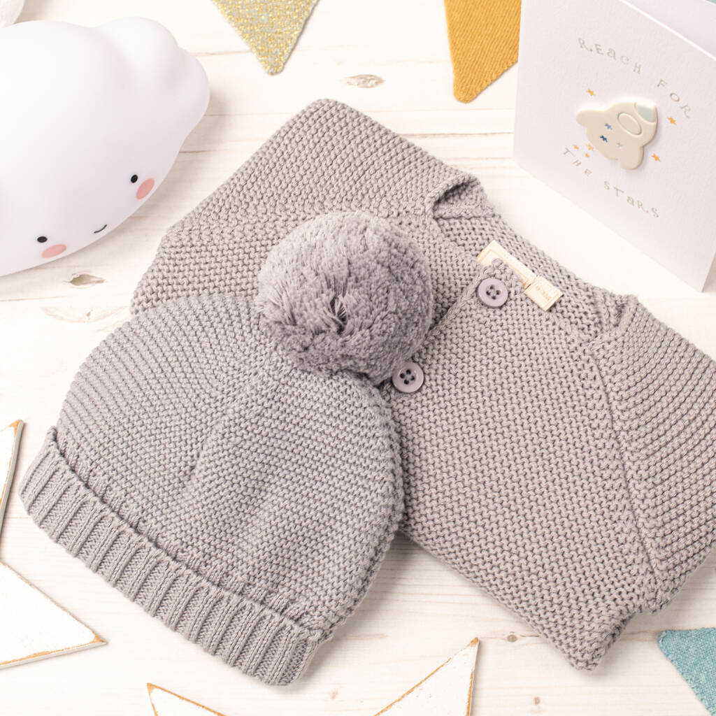 Hound Grey Bobble Hat And Cardigan Baby Gift Set, 1 of 12