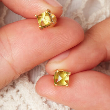 Green Peridot Square Cut 18 K Gold And Silver Studs, 6 of 12