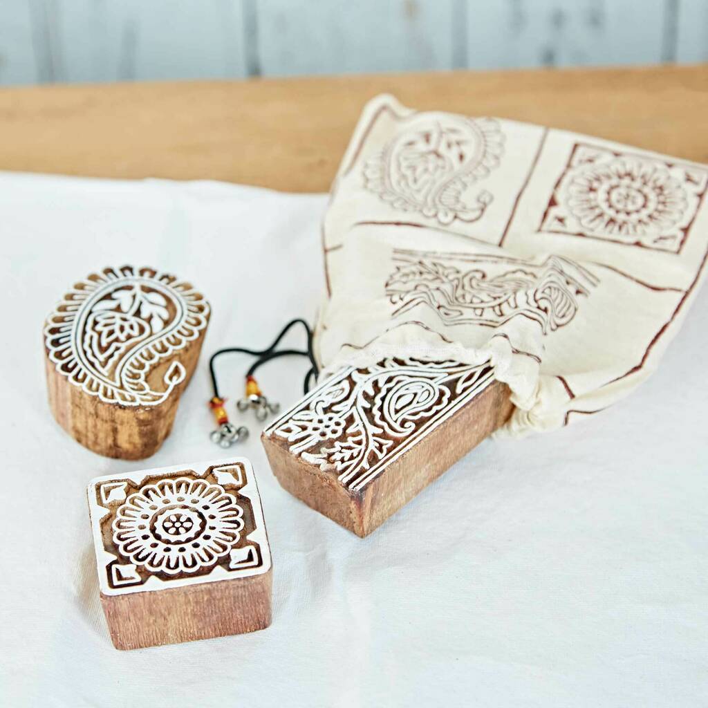 Set Of Three Assorted Mango Wood Printing Blocks By Paper High