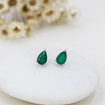 Sterling Silver Tiny Genuine Green Onyx Droplet Stud Earrings, 5 of 11