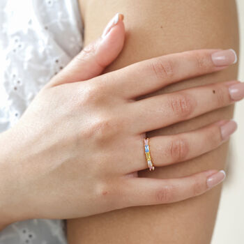 Colourful Baguette Crystal Band Ring In Gold, 5 of 5