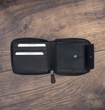 Men's Black Leather Wallet Zip Around Rugged Black Leather Rfid Protected, 4 of 7