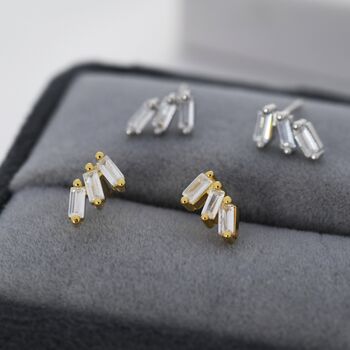 Sterling Silver Baguette Cz Trio Stud Earrings, 7 of 12