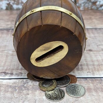 Small Wooden Whiskey Barrel Money Box, 4 of 5
