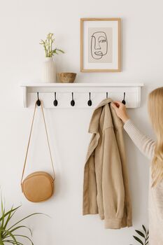 All White Coat Rack With Shelf 10cm Deep, White Shelf With Hooks, Black Hooks, Silver Hooks, Bronze, Copper, Chrome Hooks, Brass Hooks, 2 of 10