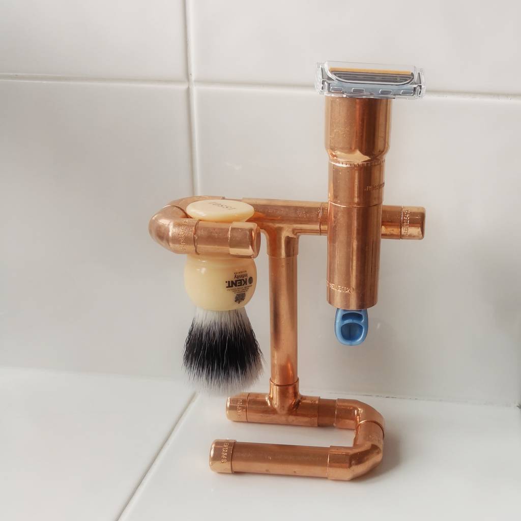 copper pipe shaving razor and brush holder by reason season time london