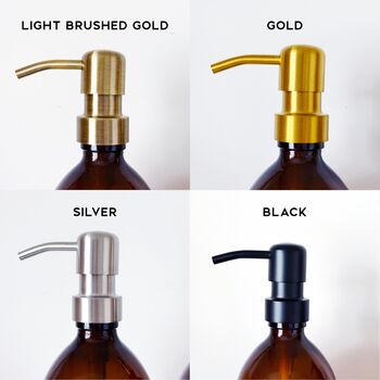 Set Of Three Amber Bathroom Bottles Choice Of Metal Pump Colour, 9 of 11