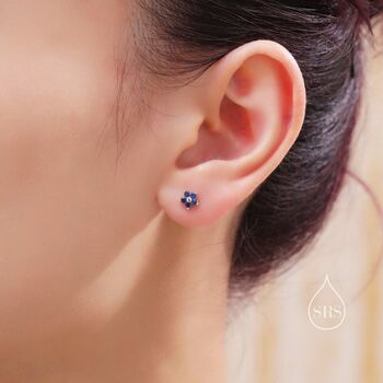 Sterling Silver Tiny Sapphire Blue Cz Flower Stud Earrings, 2 of 12