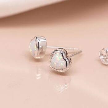 Sterling Silver White Opal Heart Stud Earrings, 3 of 11