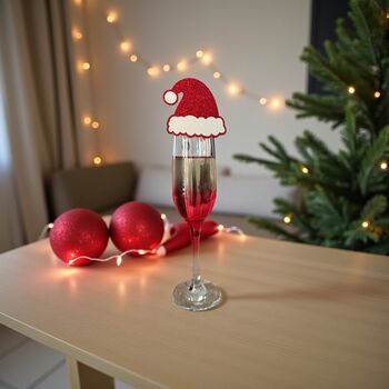 Six X Santa Hat Christmas Drinks Toppers, Champagne Toppers, Festive Cocktails, 3 of 7