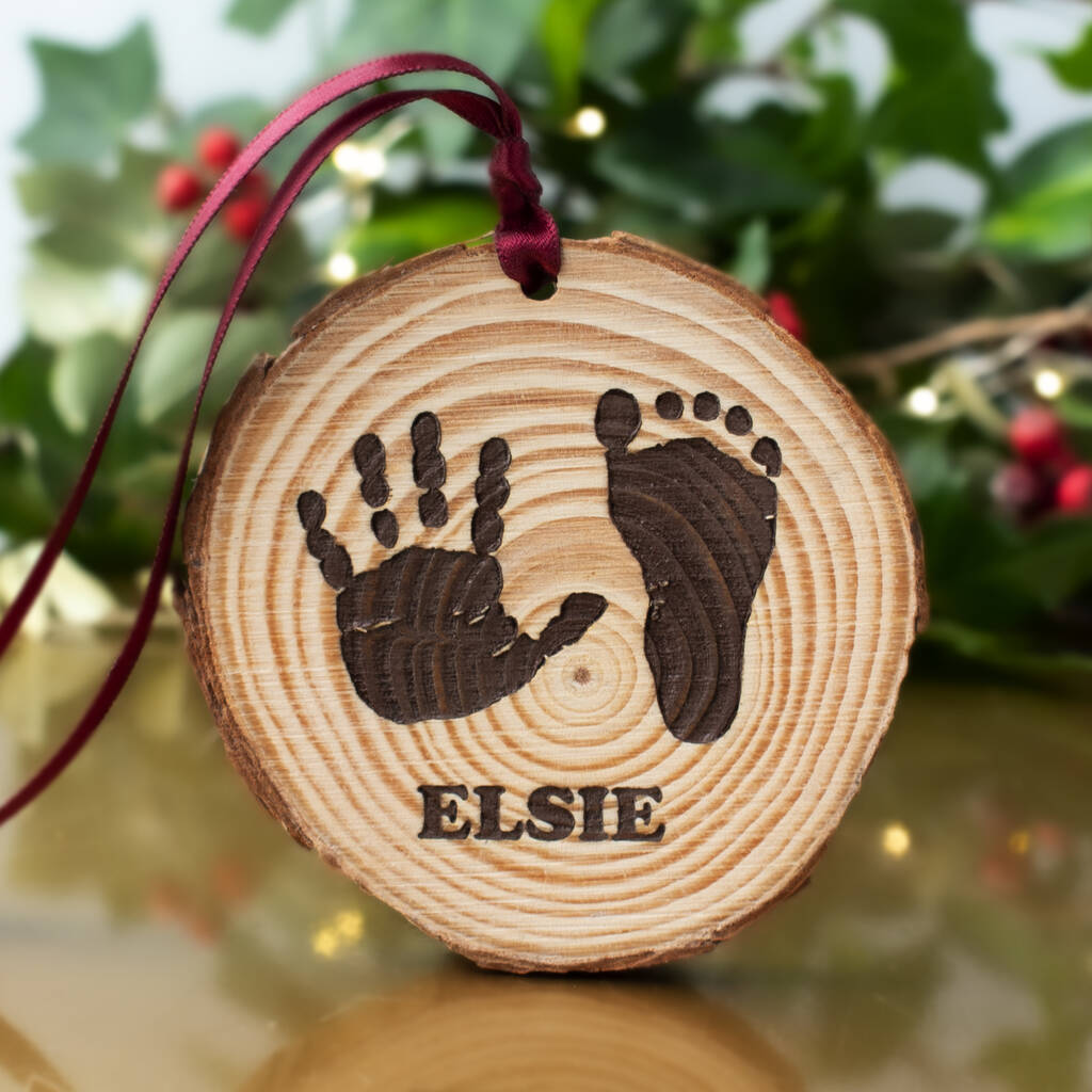 Baby Hand And Footprint Log Slice Christmas Decoration, 1 of 3