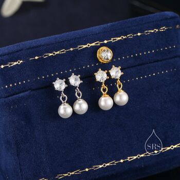 Sterling Silver Cz Crystal With Dangling Pearl Earrings, 2 of 11
