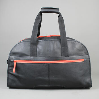 Black Leather Laptop Weekend Bag With Orange Zip, 6 of 9