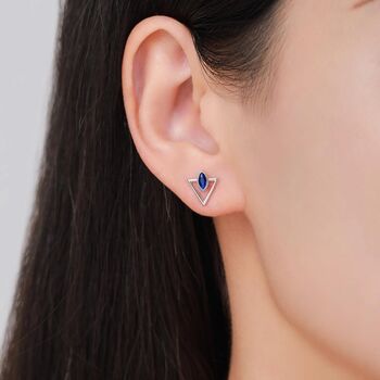 Sterling Silver Triangle And Sapphire Blue Marquise Cz Arrow Stud Earrings, 7 of 12
