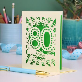 Personalised 80th Birthday Card Papercut Spotty Design, 6 of 6
