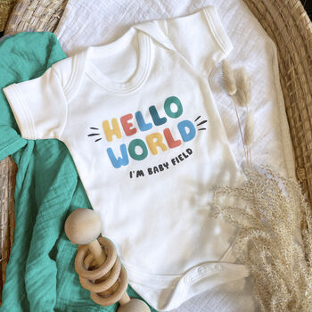 Hello World Gender Neutral Slogan Baby Outfit, 6 of 6