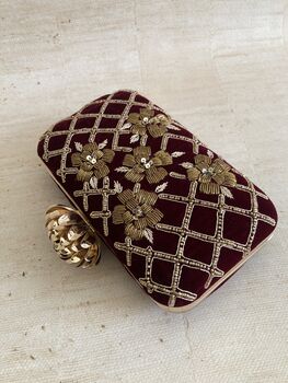Maroon Velvet Handcrafted Rectangular Clutch Bag, 7 of 10