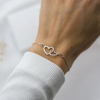Birthday Gift For Women, Two Interlocking Heart Sterling Silver Bracelet, 2 of 6