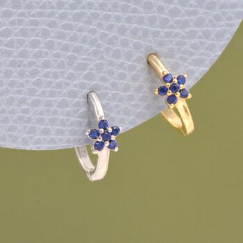 Sapphire Blue Cz Flower Huggie Hoop Earrings, 5 of 11