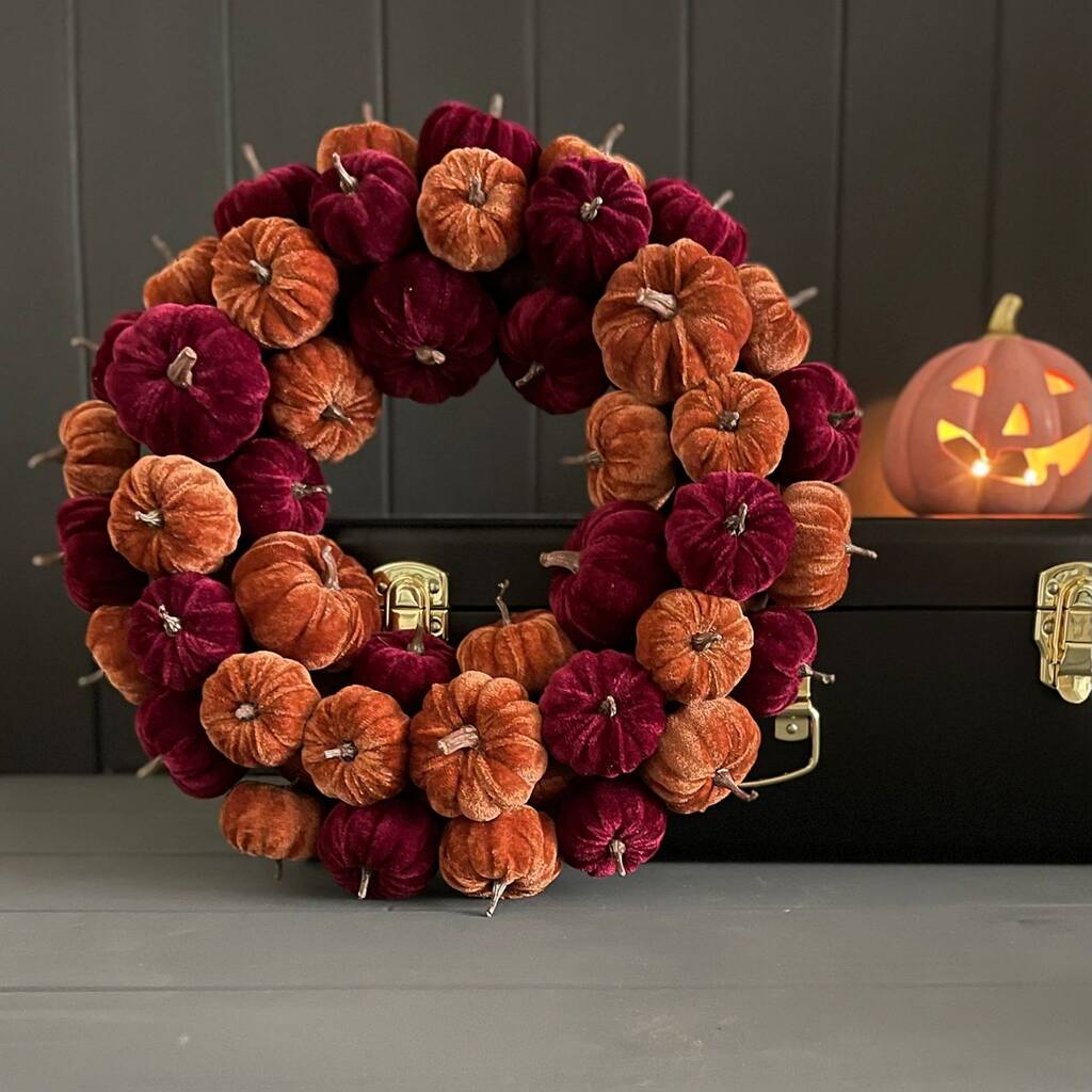 Pumpkin Halloween Wreath In Burgundy And Gold, 1 of 2
