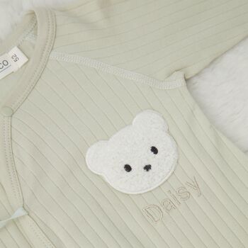 Personalised Light Sage Snow Bear Boucle Wrap Romper, 4 of 4