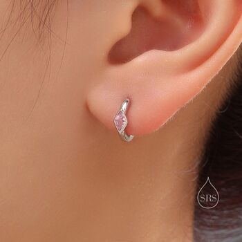 Tiny Rhombus Tourmaline Pink Cz Huggie Hoop In Sterling Silver, 2 of 12