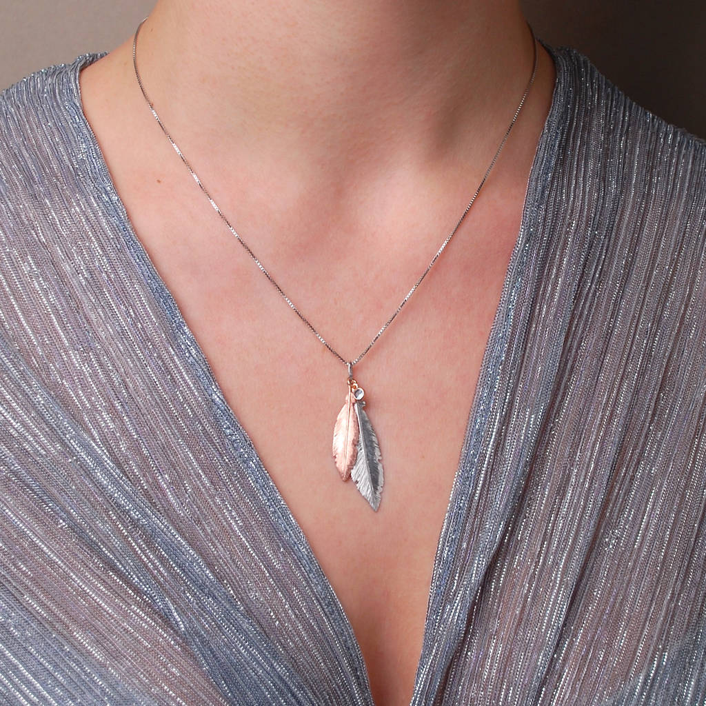 personalised silver and rose gold feather necklace by ...