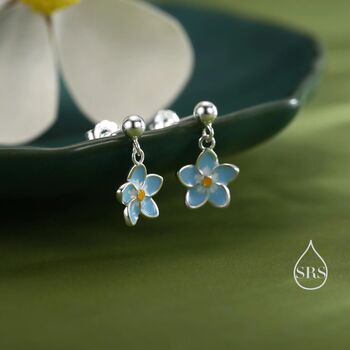 Sterling Silver Dainty Forget Me Not Enamel Drop Stud Earrings, 6 of 12