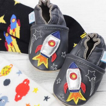 Dotty Fish Space Rocket Soft Leather Baby Shoes With Barefoot Soles, 5 of 11