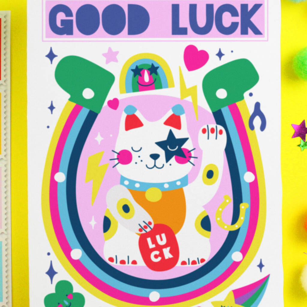 Good Luck Cat Colourful Greeting Card By Paper Joy