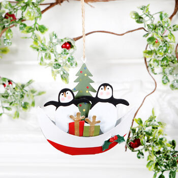 Two Happy Penguin In A Boat Christmas Tree Decoration, 3 of 3