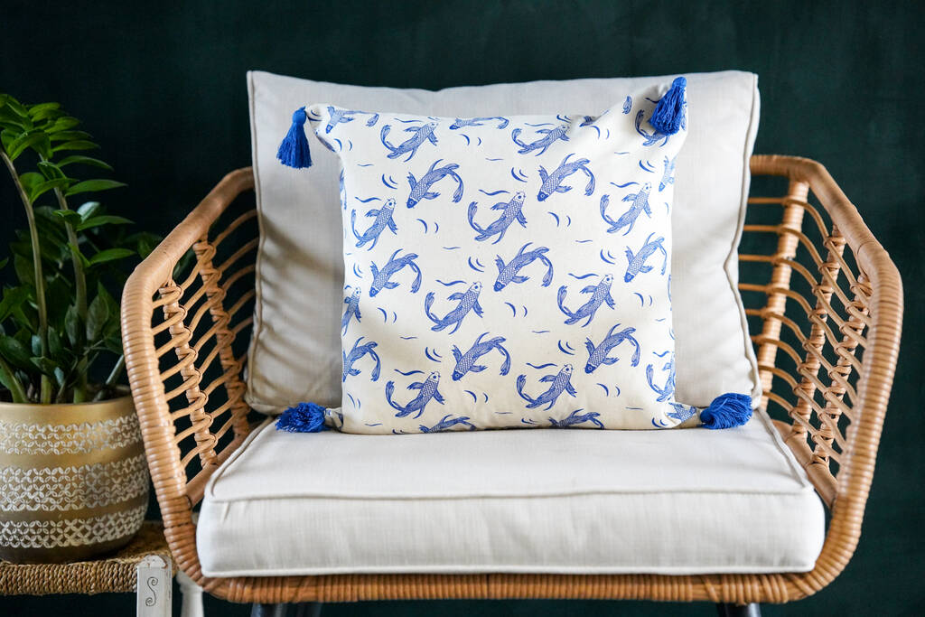 Sakana Fish Pattern Cotton Cushion Cover In Blue, 1 of 4