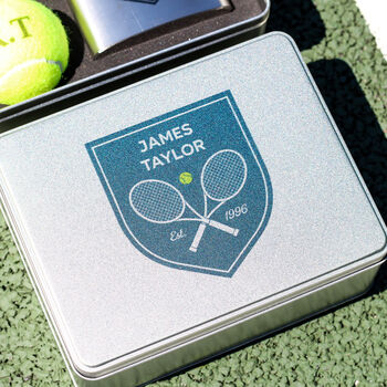 Personalised Tennis Shield Tin With Hip Flask Gift For Him, 3 of 8