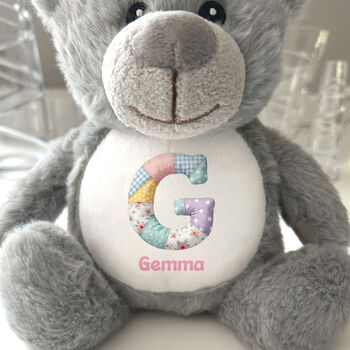 Personalised Patchwork Alphabet New Baby Teddy Bear, 5 of 6