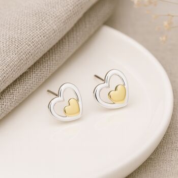Sterling Silver And Gold Plated Double Heart Stud Earrings – 9mm, 6 of 9
