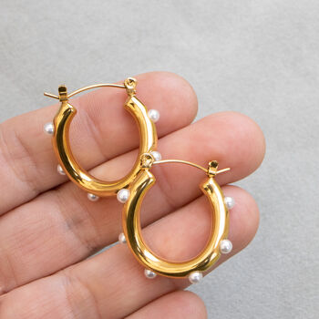 Non Tarnish Twisted Hoop Earrings With Inlaid Pearls, 3 of 10