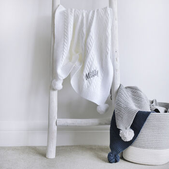 Personalised Cable Knit Pom Pom Blanket White, 4 of 11