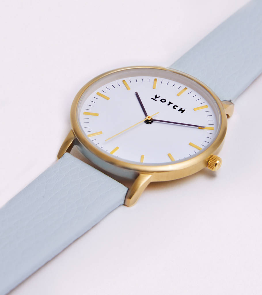 Light Blue And Gold Vegan Leather Watch, 1 of 3