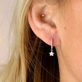 Sterling Silver And Diamante Star Huggie Earrings, 7 of 7
