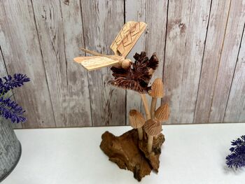 Dragonfly And Toadstool Mushroom Driftwood Statue Ornament Woodland Gift, 2 of 8