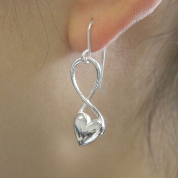 Sterling Silver Puffed Heart Infinity Drop Earrings, 2 of 5