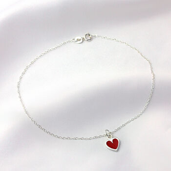 Sterling Silver Red Enamel Heart Charm Anklet, 2 of 4